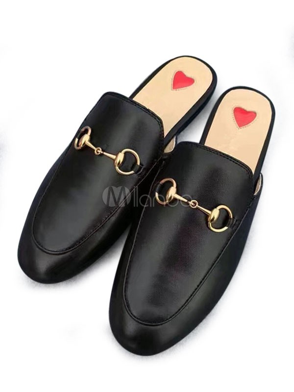 Women Black Mules 2018 Round Toe Metal Detail Backless Slip On Mule Loafers | Milanoo
