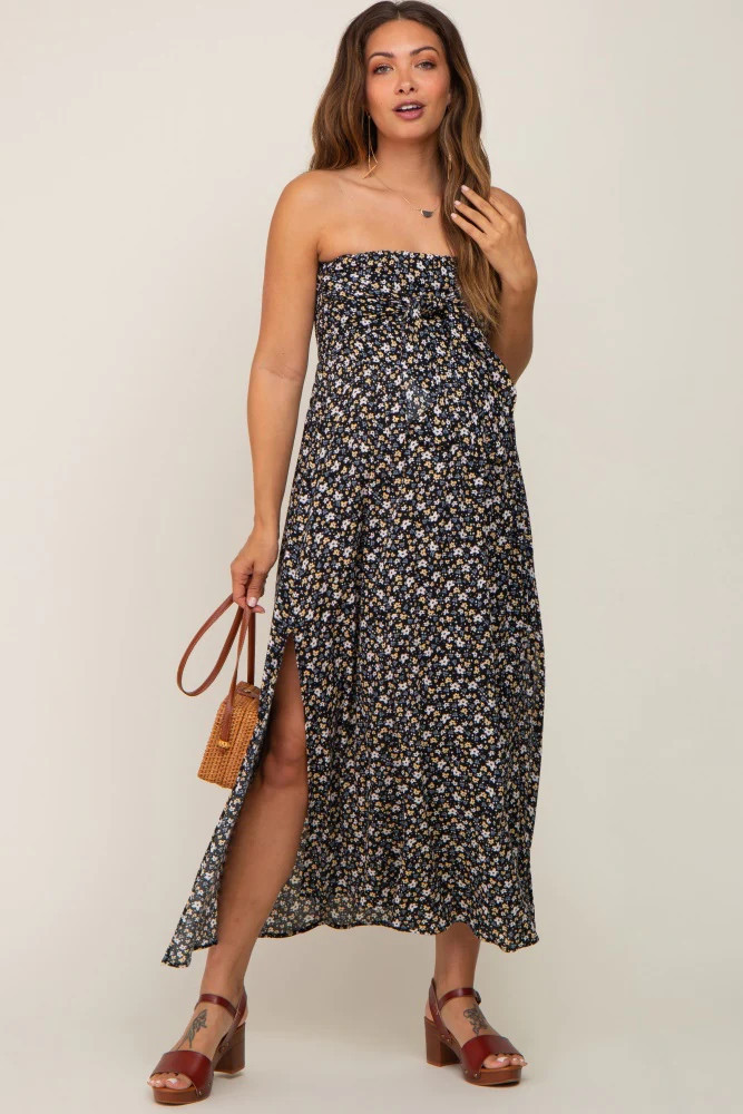 Black Floral Strapless Front Tie Side Slit Maternity Midi Dress | PinkBlush Maternity