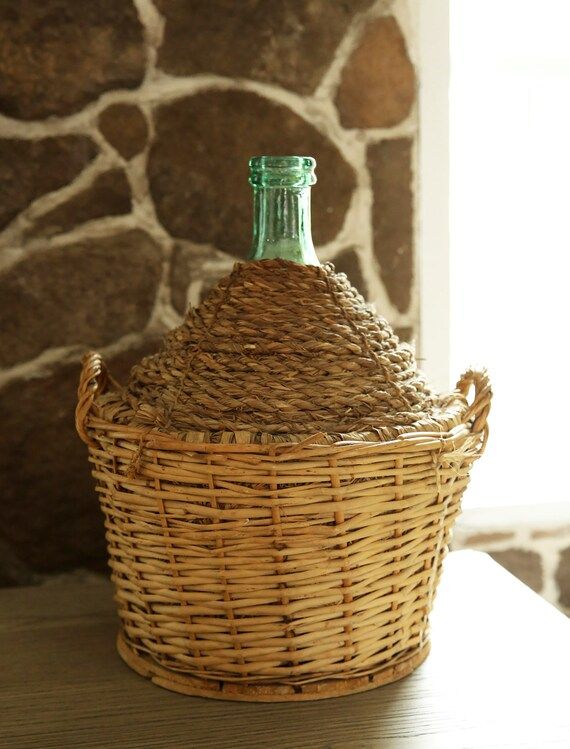 Vintage Large Demijohn Wine Bottle Jug in Wicker Basket Wood | Etsy | Etsy (US)