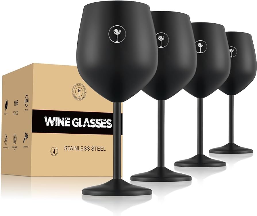 Wine Glasses Set of 4, 18oz Unbreakable Black Wine Glasses, Stainless Steel Red Wine Glasses | Amazon (US)