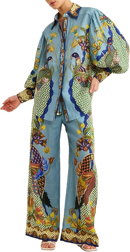 Kissonic Womens Summer Print 2 Piece Pajama Boho Long Sleeve Shirt Top | Amazon (US)