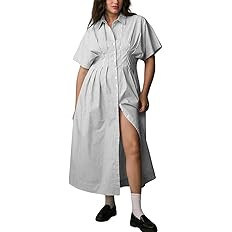 chouyatou Women's Contrast Color Striped Shirt Dress Pleated Button Down Maxi Long Tunic Dress | Amazon (US)