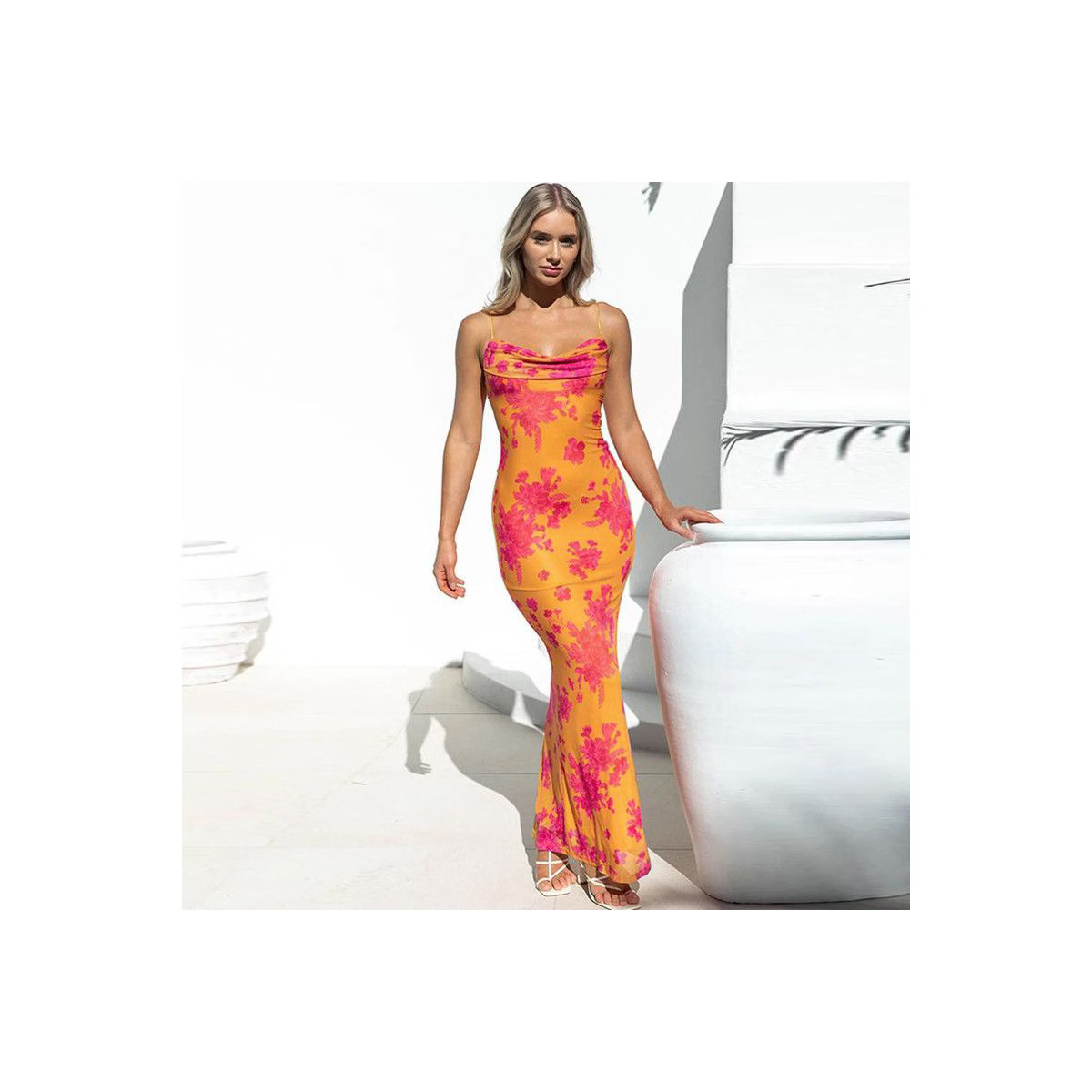 Coolmee Women Vintage Spaghetti Strap Sexy Low Cut Backless Floral Satin Slip Bodycon Maxi Dress | Target