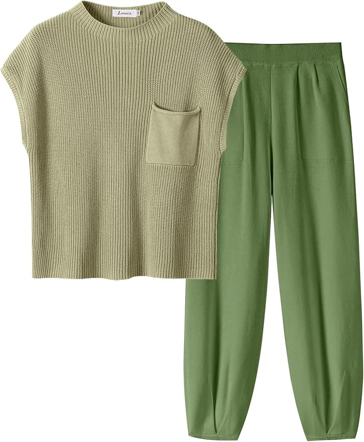 ANRABESS Women's Two Piece Outfits Knit Sweater Vest Crop Top Pants Lounge Matching Tracksuit Swe... | Amazon (US)