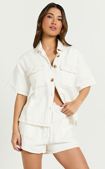 Brydie Two Piece Set - Denim Short Set in White | Showpo (US, UK & Europe)