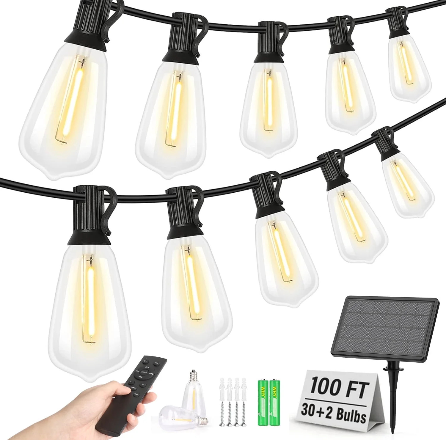 100FT Solar String Lights Outdoor Waterproof, Patio Lights with Remote Control & 30+2 Dimmable ST... | Walmart (US)