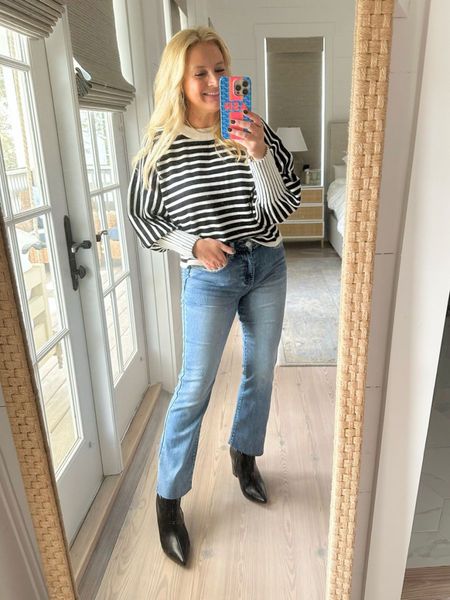 Cutest striped sweater for fall. Wearing a size small. Easy to size up in because it’s cropped. Jeans are a size 26. Use code FANCY15 for 15% off sweater, jeans and booties

#LTKSeasonal #LTKstyletip #LTKsalealert