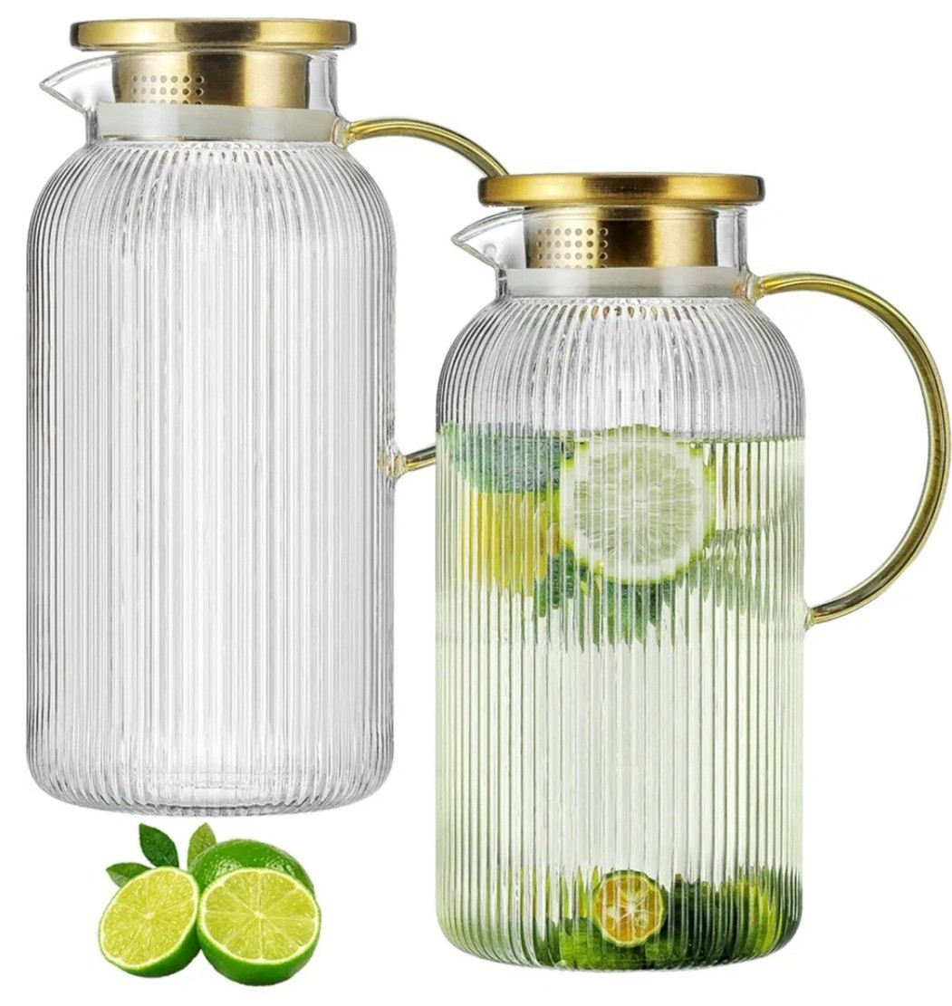 The prettiest glass pitchers. Cold & heat resistant, dishwasher safe! Gold accents. 2L each #kitchen #goldkitchen

#LTKSpringSale #LTKFindsUnder50