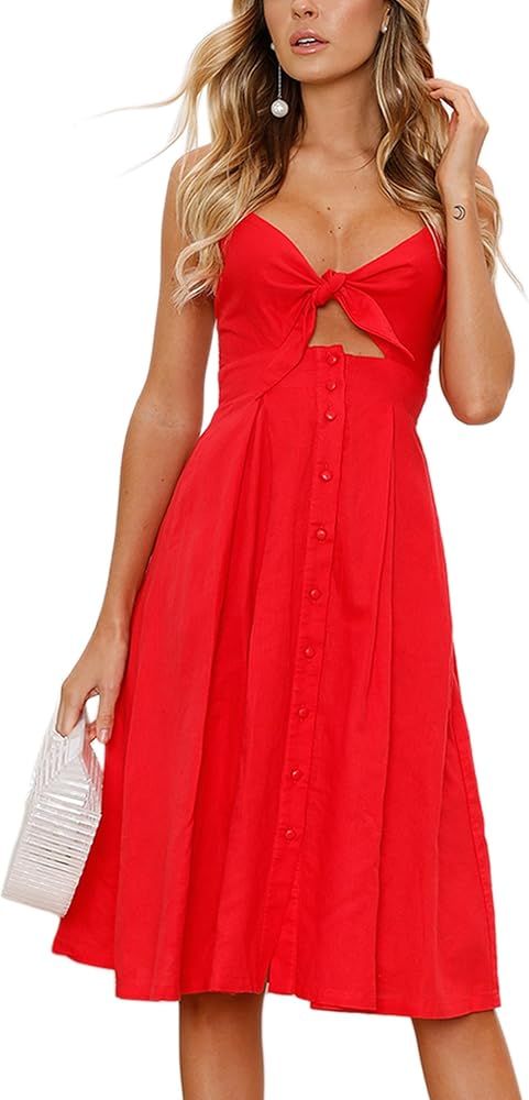 Women Dresses Summer Tie Front V-Neck Spaghetti Strap Button Down A-Line Backless Swing Midi Dres... | Amazon (US)