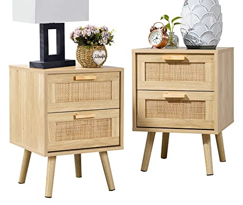 Finnhomy Nightstand, End Table, Side Table with 2 Hand Made Rattan Decorated Drawers, Nightstands... | Amazon (US)