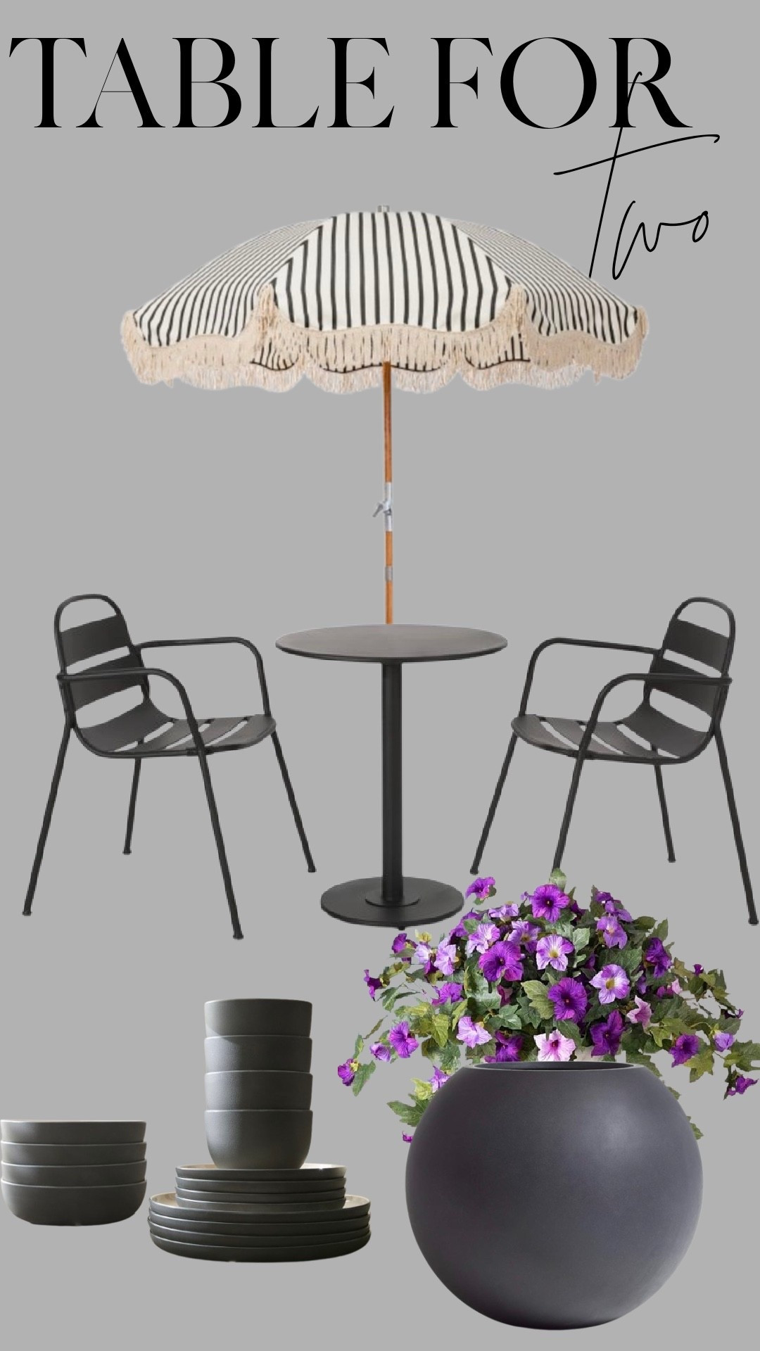 The perfect outdoor bistro setup for patios, balconies, or small backyard spaces. I love this black café table paired with classic metal chairs and the striped fringe umbrella for that chic European café look. Added simple matte dinnerware and a modern planter with purple blooms for an easy, elevated summer table.

Everything linked here to recreate the look.

#LTKSeasonal #LTKHome #LTKSaleAlert