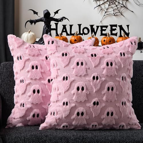 DFXSZ Halloween Pillow Covers 18x18 inch Set of 2 Pink Ghost Throw Pillow Cases Soft Plush Faux F... | Amazon (US)