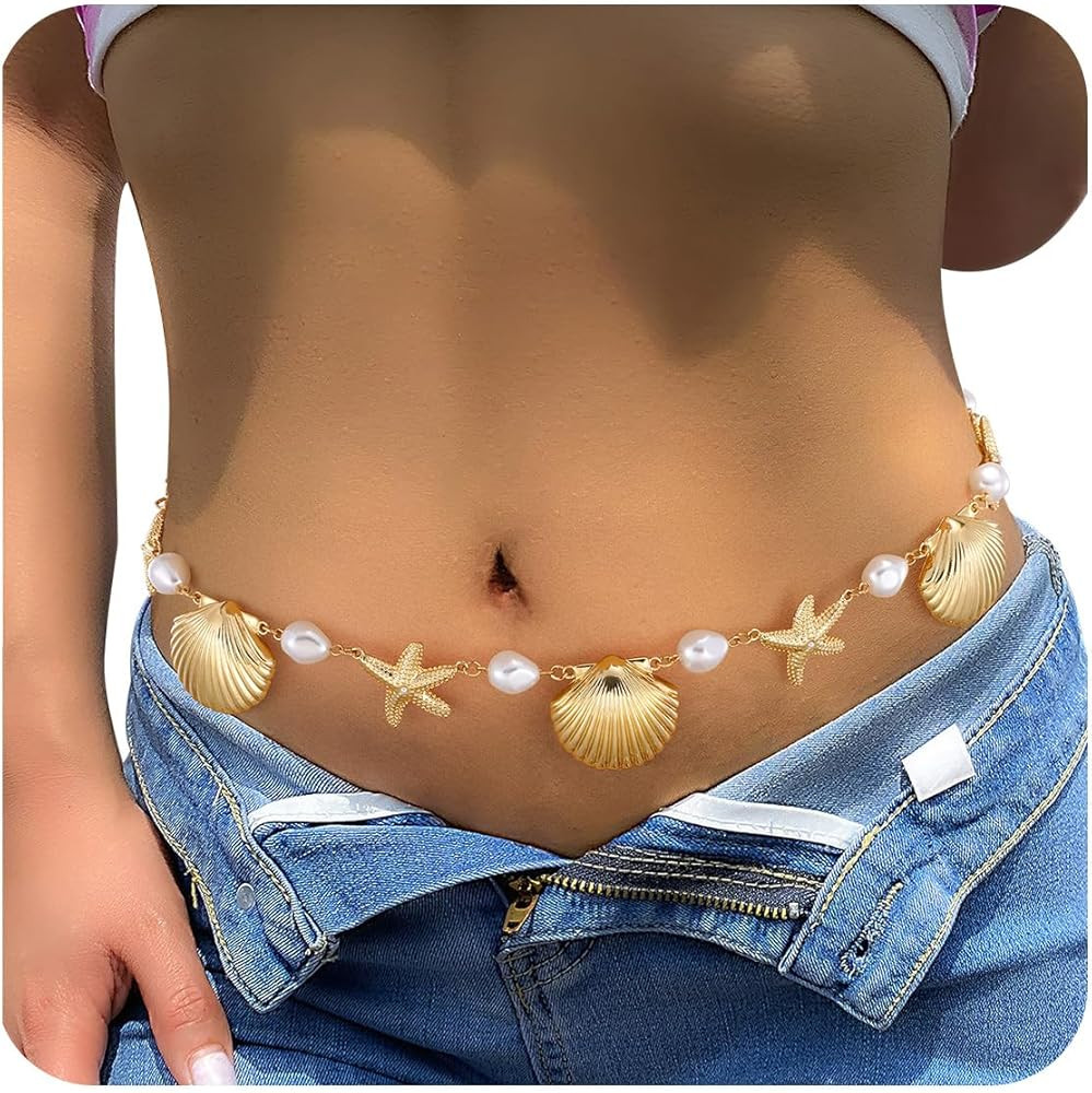 XZQTIVE Starfish Pearl Waist Chain Belts for Women Mermaids Seashell Pearl Belly Chain Gold Pirat... | Amazon (US)