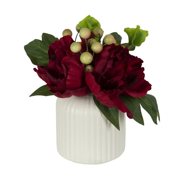 Better Homes & Gardens 7.5" Artificial Red Peony Flowers in Ribbed off-White Ceramic Vase | Walmart (US)