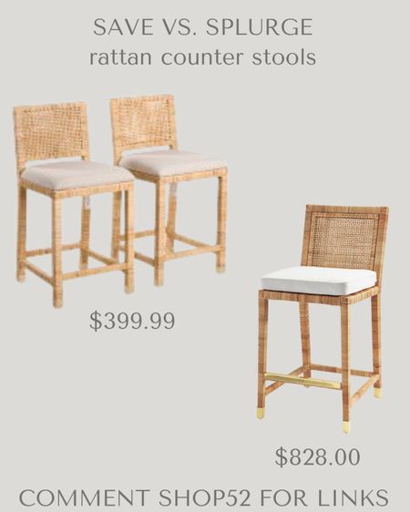Save versus splurge rattan counter stools perfect for your kitchen island. The set of 2 are from Tj Maxx and the other is from Serena & Lily. 