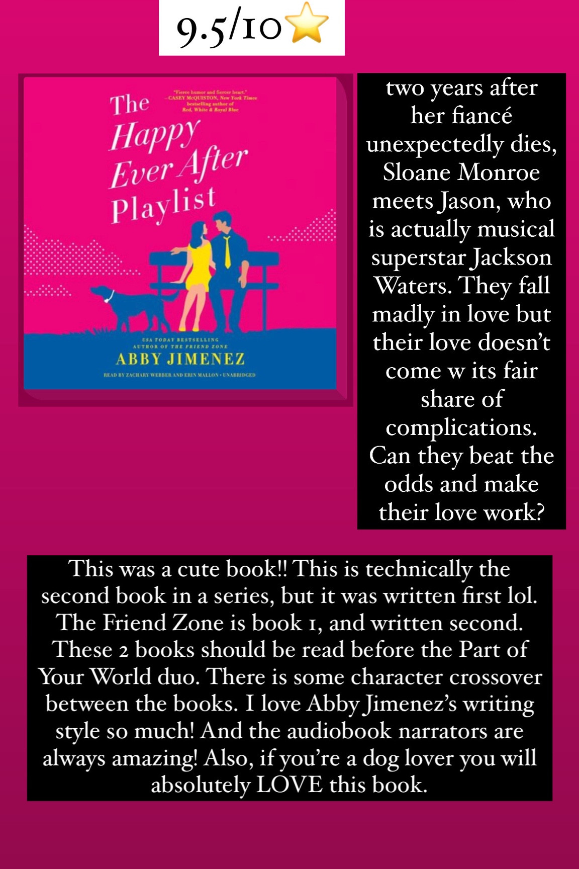 63. The Happy Ever After Playlist by Abby Jimenez :: 9.5/10⭐️ two years after her fiancé unexpectedly dies, Sloane Monroe meets Jason, who is actually musical superstar Jackson Waters. They fall madly in love but their love doesn’t come w its fair share of complications. Can they beat the odds and make their love work? This was a cute book!! This is technically the second book in a series, but it was written first lol. The Friend Zone is book 1, and written second. These 2 books should be read before the Part of Your World duo. There is some character crossover between the books. I love Abby Jimenez’s writing style so much! And the audiobook narrators are always amazing! Also, if you’re a dog lover you will absolutely LOVE this book. 

book / thrillers / romance / travel book / good reads / booktok books / book recommendations / on my bookshelf / kindle books / audio books / kindle girlie / kindle unlimited / amazon books / amazon reads / amazon readers / reading / reading must haves / trending books / kindle accessories / books accessories / books

#LTKtravel #LTKhome