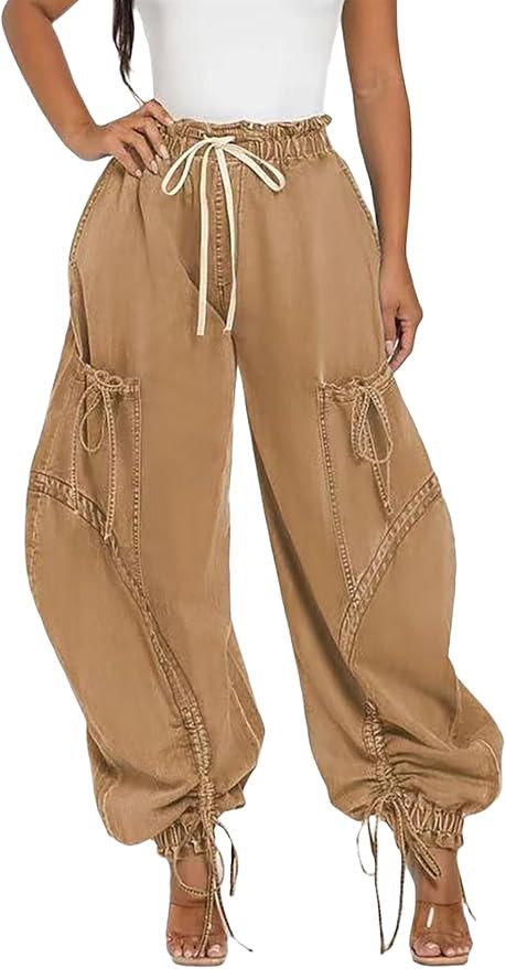 Denim Joggers for Women High Waist Drawstring Loose Wide Leg Oversize Pants with Tie Bow Pockets | Amazon (US)
