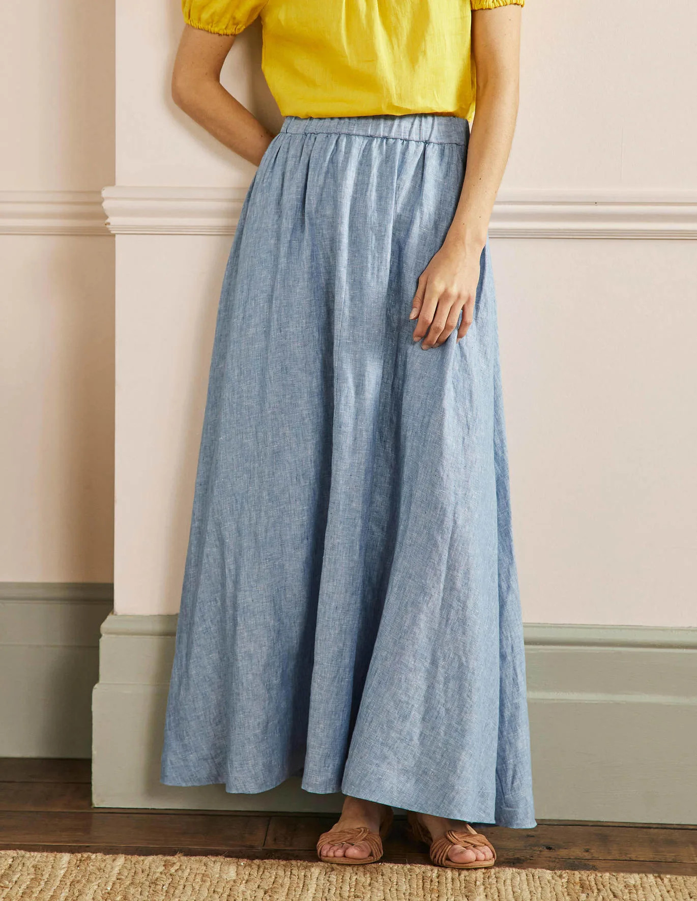 Pull-on Linen Midi Skirt - Grey Blue Chambray | Boden UK | Boden (UK & IE)