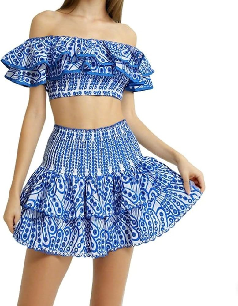 Womens Sexy 2 Piece Club Outfits Off Shoulder Ruffle Crop Top Hollow Out Layered Mini Skirt Set | Amazon (US)