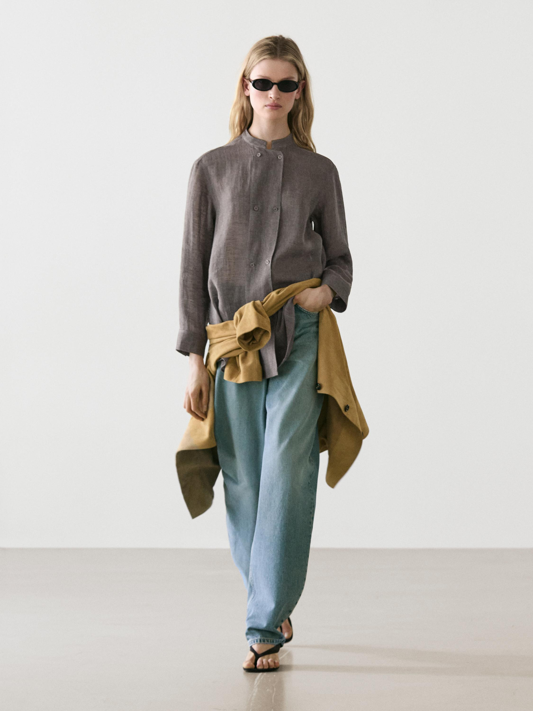 Flowing linen blend shirt with button details | Massimo Dutti UK