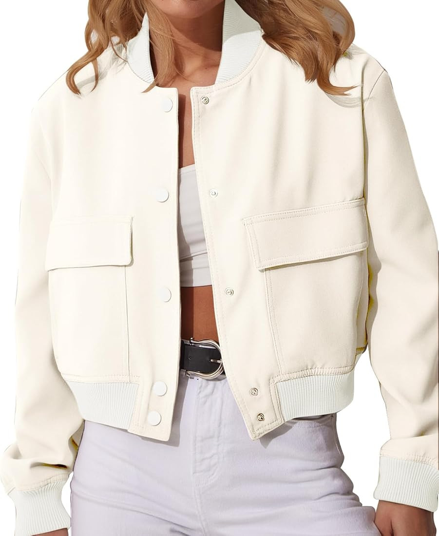 Modegal Women's Varsity Bomber Jackets Long Sleeve Cropped Button Down Casual Coat with Pockets O... | Amazon (US)