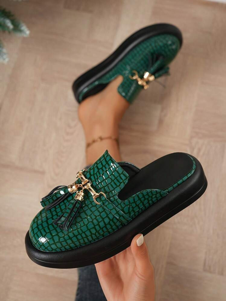 Vintage Crocodile Pattern Round Toe Thick Sole Mules For Outdoor Use | SHEIN
