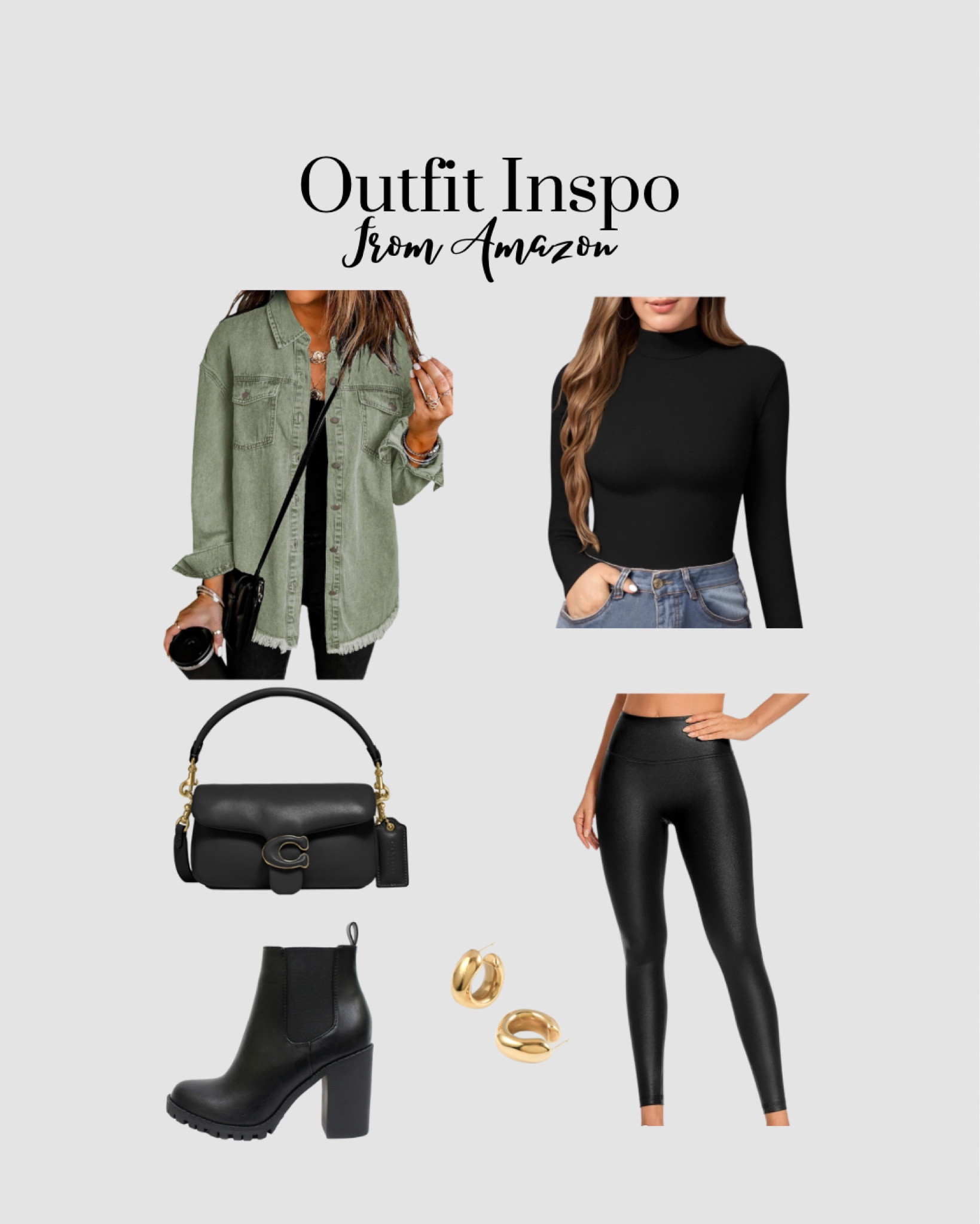 Outfit inspo with black faux leather leggings, black turtle neck, green button up jacket, black ankle boots, and black purse 

#LTKSeasonal #LTKshoecrush #LTKitbag