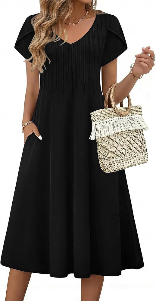 Zeagoo Womens Casual Summer Dress 2026 Short Sleeve Dresses Pleats Midi A Line Flowy Dress Boho B... | Amazon (US)