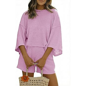 Tankaneo Womens Short Sets 2 Piece Outfits 3/4 Sleeve Tops and Elastic Waist Shorts Lounge Set Ca... | Amazon (US)