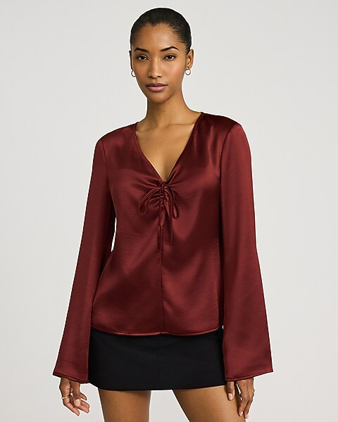 Satin V-Neck Long Sleeve Bow Front Top | Express