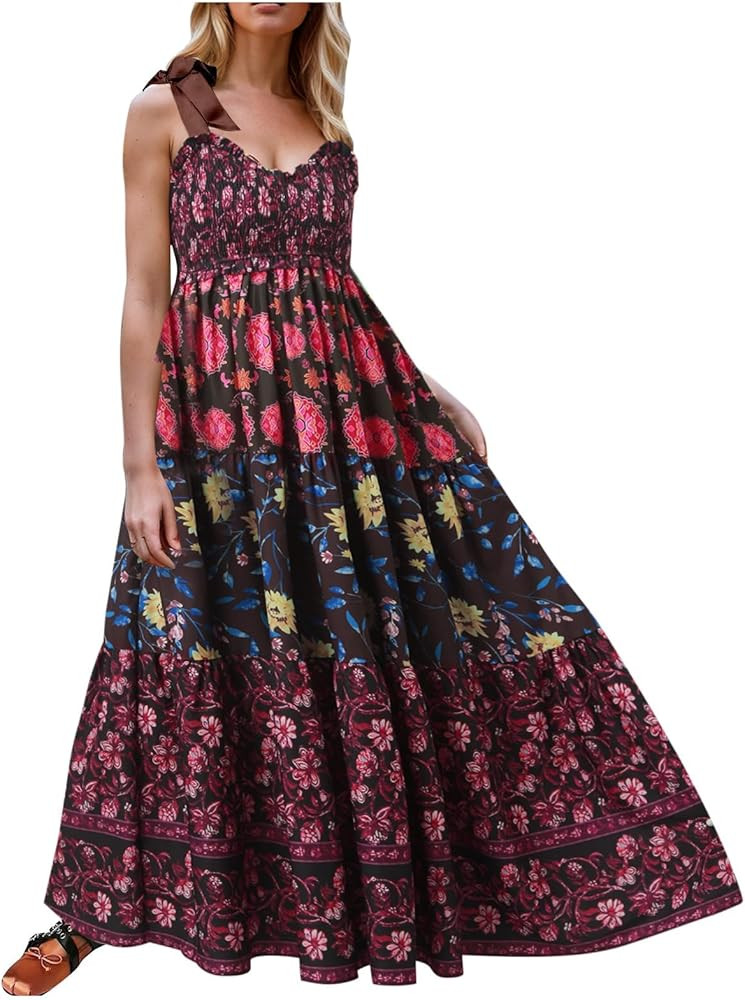 Women Summer Dresses Flowy Smocked Maxi Dress Sleeveless Tie Shoulder Boho Dresses Y2K Floral Bea... | Amazon (US)