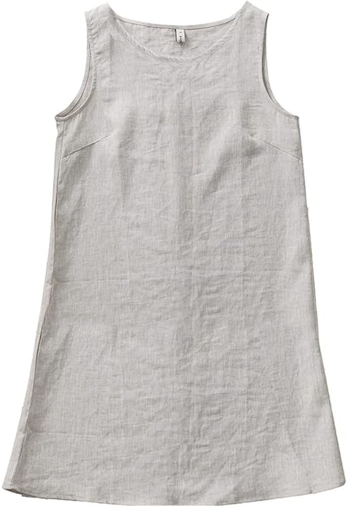 Amazhiyu Women's Linen Sleeveless Shift Dress with Pockets Crew Neck Casual Tank Dress | Amazon (US)