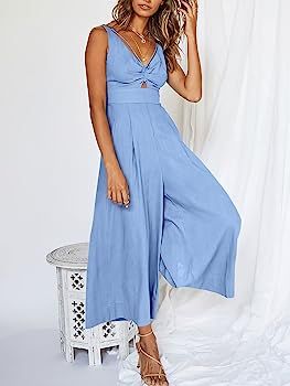 ANRABESS Women's Summer Wide leg Jumpsuits V Neck Smocked Cutout High Waist Thick adjustable stra... | Amazon (US)