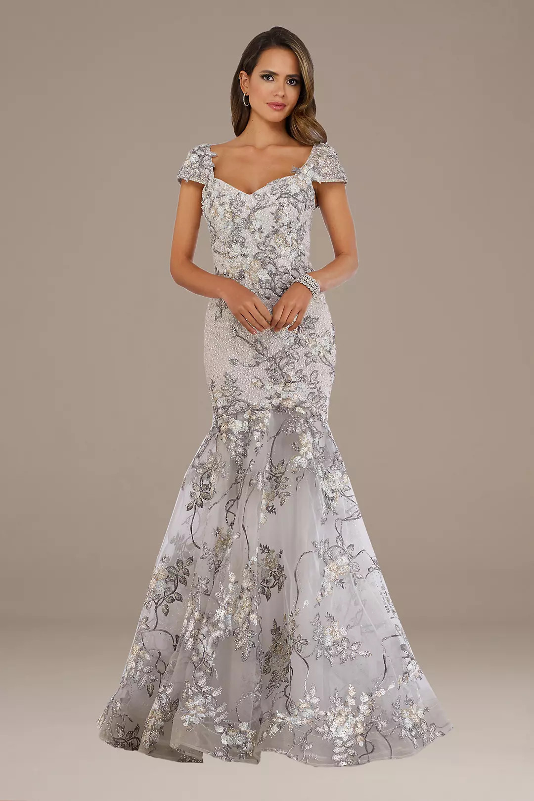 Lara Embroidered Mermaid Gown with Cap Sleeves | David's Bridal