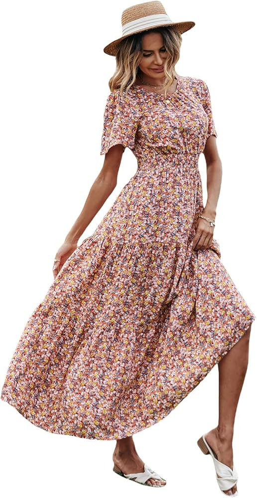 Floerns Women's Boho Ditsy Floral Short Sleeve A Line Flared Midi Dress | Amazon (US)