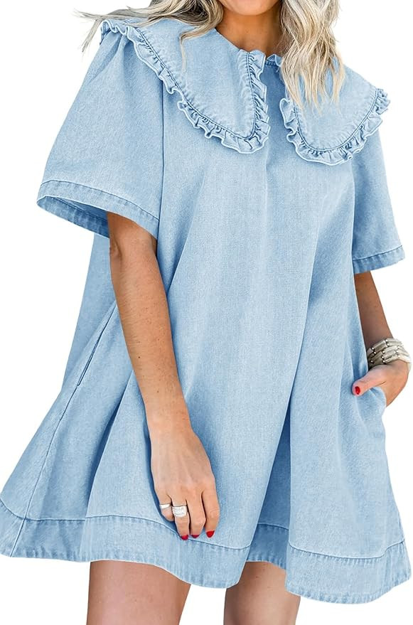 Kedera Womens Denim Mini Dress 2025 Peter Pan Collar Short Sleeve Casual Summer Babydoll Jean Dre... | Amazon (US)