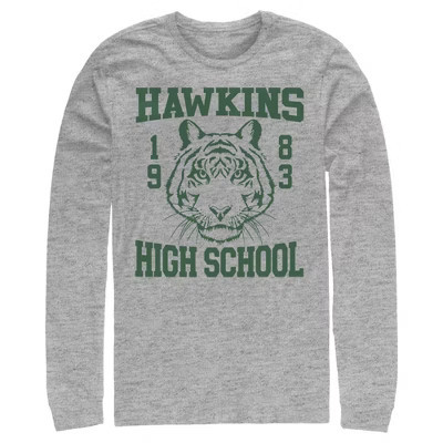 Men's Stranger Things Hawkins High School Tiger 1983  Long Sleeve Shirt - Athletic Heather - X Large | Target