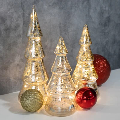 Battery Operated Silver Mercury Glass Trees - Set Of 3 | Wayfair North America