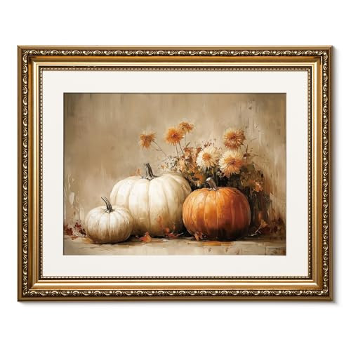 ARPEOTCY Gold Framed Canvas Wall Art, Autumn Pumpkin Art Prints, Fall Harvest Decor for Living Dining Room Kitchen Fireplace Thanksgiving, Rustic Country Farmhouse Cottage Vintage Decor, 13x16 Inch | Amazon (UK)