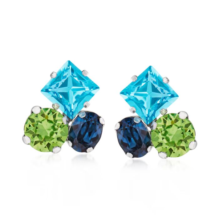 Italian Blue and Green Swarovski Crystal Cluster Earrings in Sterling Silver | Ross-Simons