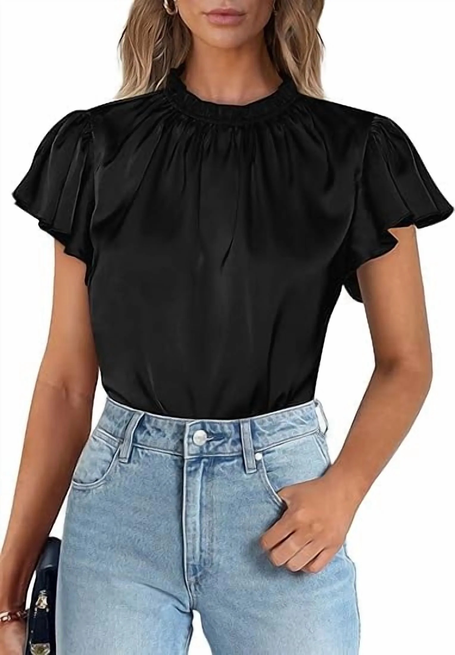 PRETTYGARDEN Business Casual Tops for Women Blouses Summer Short Sleeve Ruffle Satin Work Office ... | Walmart (US)