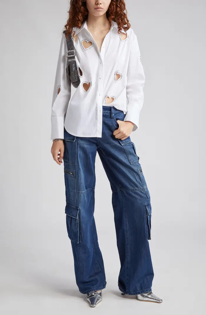 Finely Crystal Heart Cutout Button-Up Shirt | Nordstrom