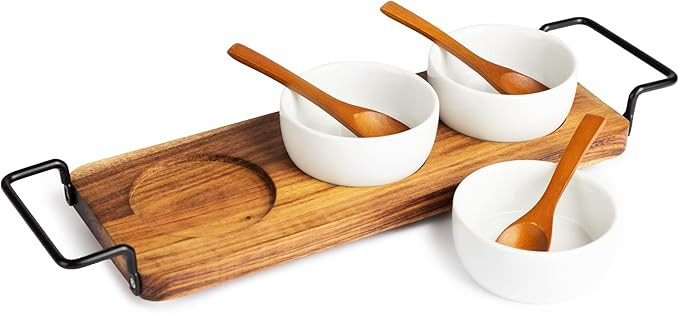 Acacia Wood Serving Tray with 3 Ceramic Bowls & 3 Wooden Spoons - Relish Tray with Stainless Stee... | Amazon (US)