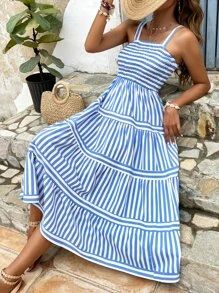 Striped Shirred Ruffle Hem Cami Dress | SHEIN
