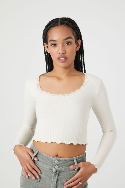 Pointelle Knit Lettuce-Edge Crop Top | Forever 21 (US)