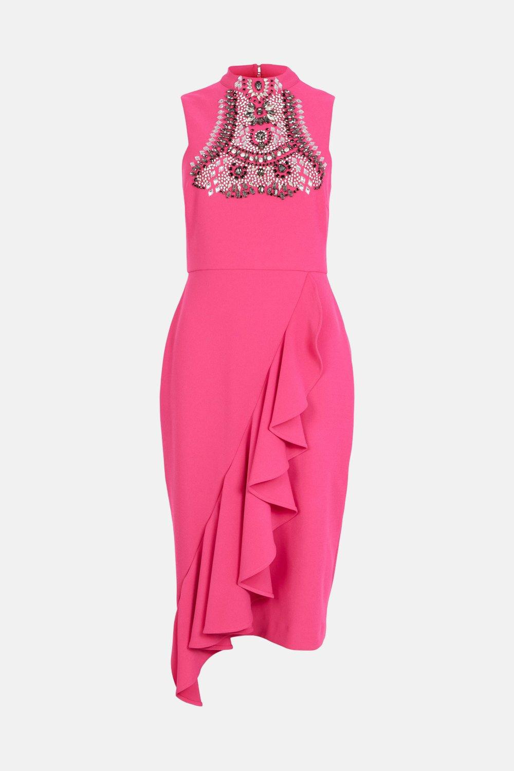 Embellished Ruffle Figure Form Crepe Midi Dress | Karen Millen US
