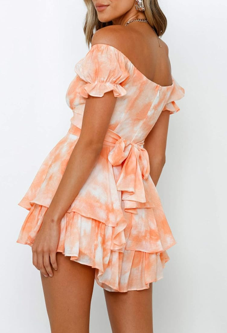 Fixmatti Women Boho Romper Off Shoulder Ruffle Chiffon Shorts Jumpsuit Playsuits | Amazon (US)