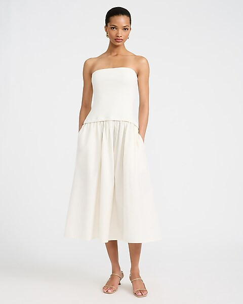 Mixed Media Strapless Drop Waist Midi Dress With Pockets | Express
