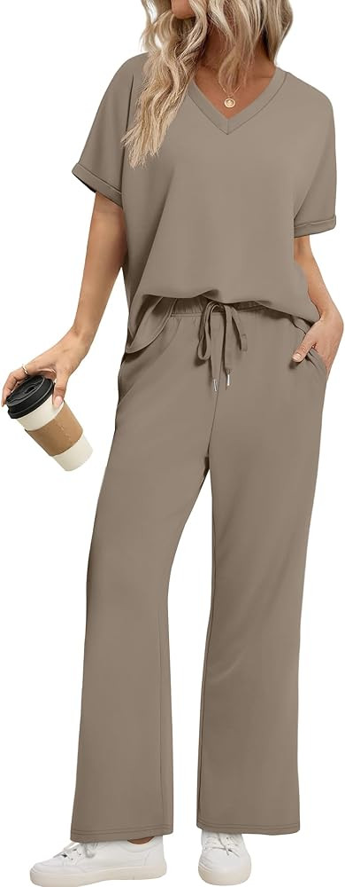 Sampeel Lounge Sets for Women V Neck Turn-UP Sleeves Tops Wide Leg Pants 2 Piece Sets Oversized S... | Amazon (US)