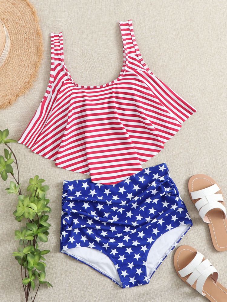 Star & Striped Print Hanky Hem Bikini Swimsuit | SHEIN
